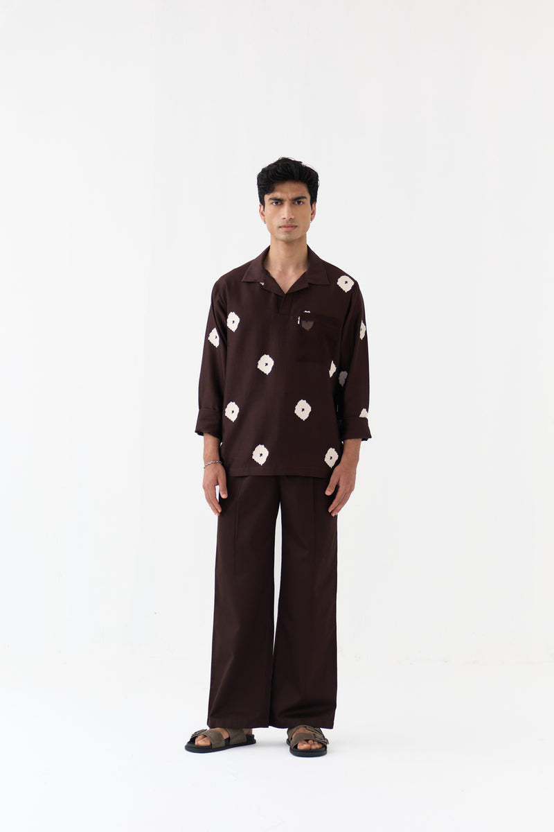Block Print V-Neck Shirt Co-Ord chanderi,poplin co-ord set by THREE Men in dark brown for men Worldwide