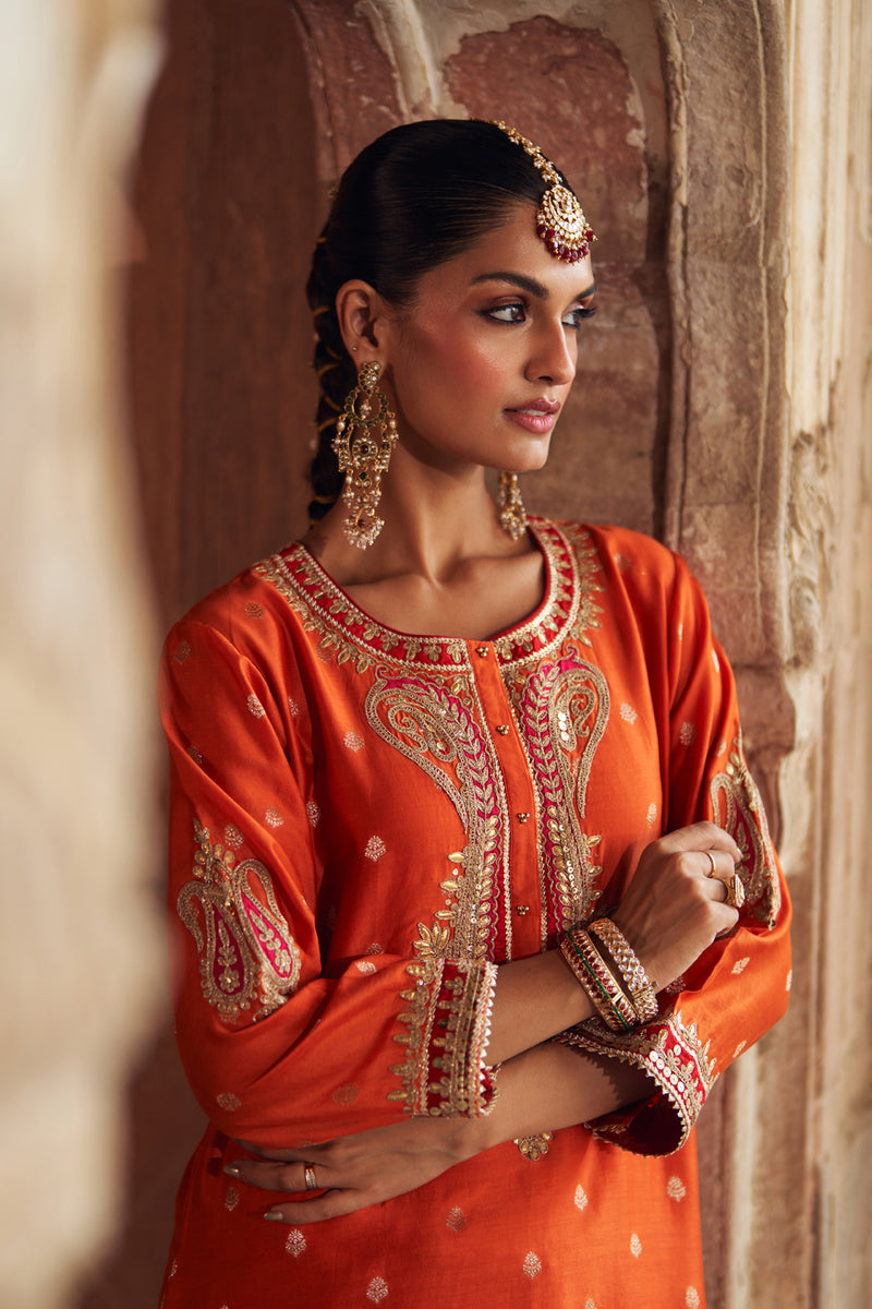 FAHMIDA - BURNT ORANGE SHORT KURTA WITH SALWAR chanderi silk kurta/kurta set by SHEETAL BATRA in orange for women Worldwide