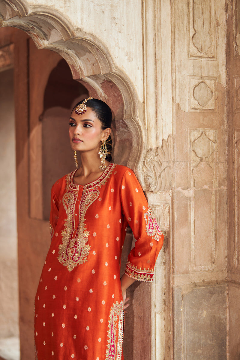 FAHMIDA - BURNT ORANGE SHORT KURTA WITH SALWAR chanderi silk kurta/kurta set by SHEETAL BATRA in orange for women Worldwide