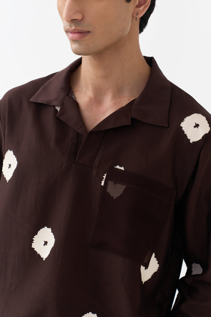 Block Print V-Neck Shirt Co-Ord chanderi,poplin co-ord set by THREE Men in dark brown for men Worldwide
