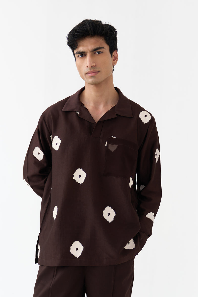 Block Print V-Neck Shirt Co-Ord chanderi,poplin co-ord set by THREE Men in dark brown for men Worldwide