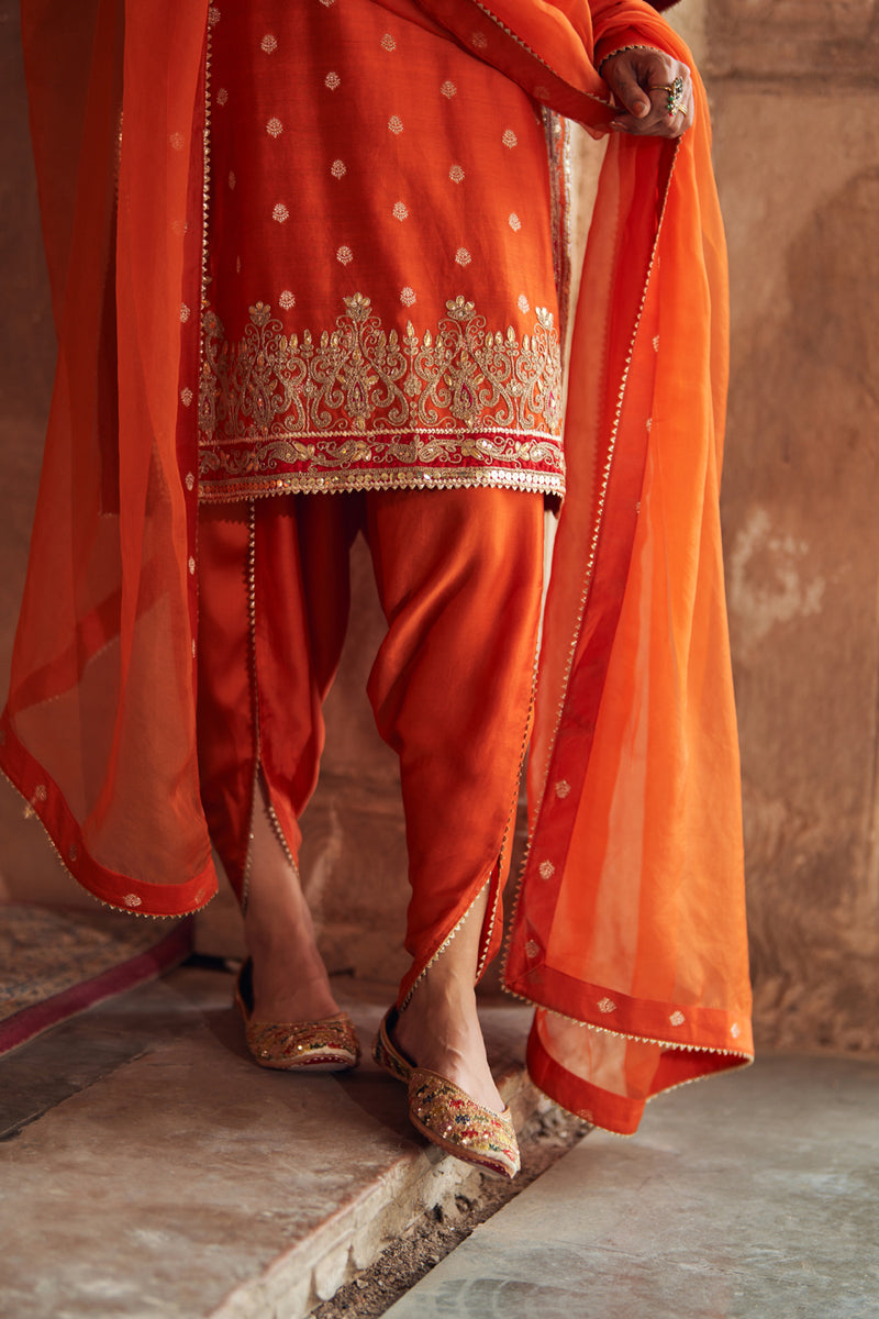 FAHMIDA - BURNT ORANGE SHORT KURTA WITH SALWAR chanderi silk kurta/kurta set by SHEETAL BATRA in orange for women Worldwide