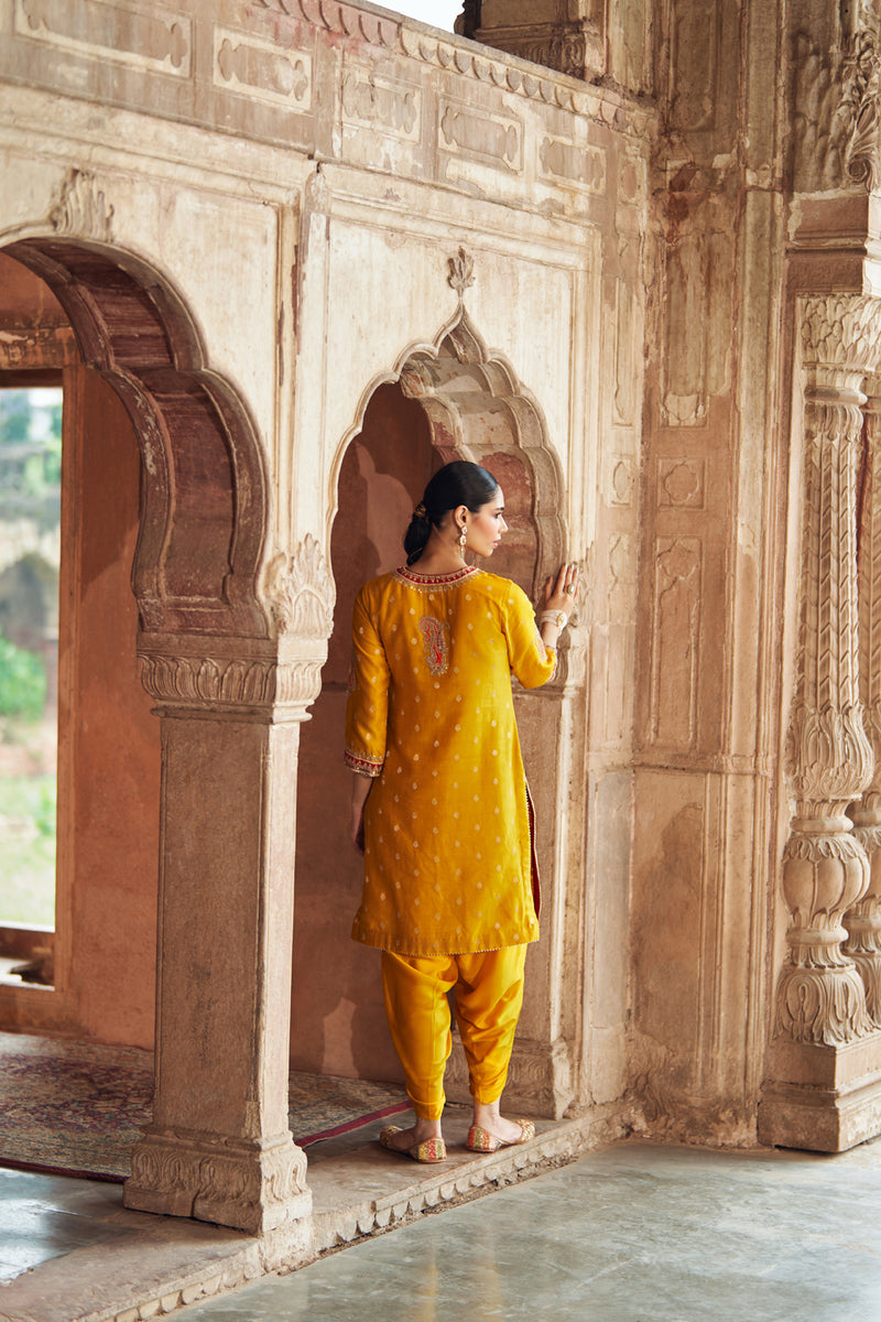 FAHMIDA - MUSTARD SHORT KURTA WITH SALWAR chanderi silk kurta/kurta set by SHEETAL BATRA in mustard for women Worldwide