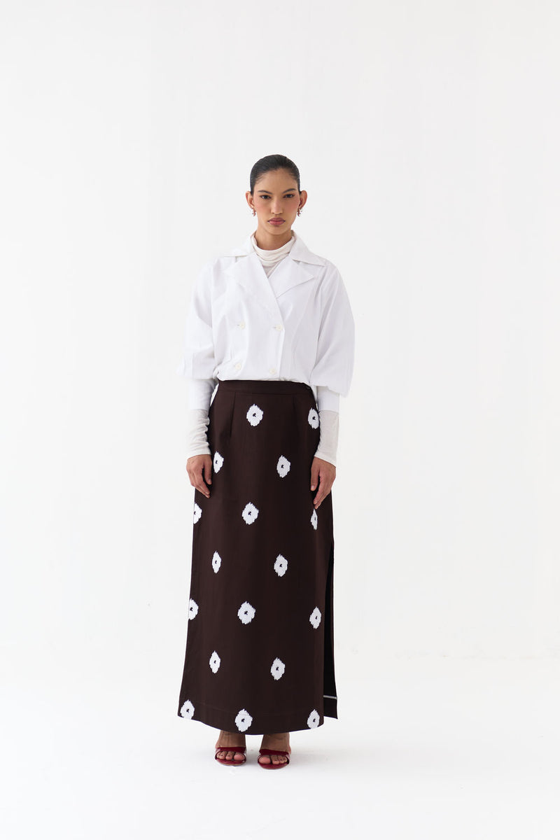 Hand Block Print Skirt Co-Ord (Set Of 2)-Dark Brown hard cotton twill co-ord set by THREE in brown, white for women Worldwide
