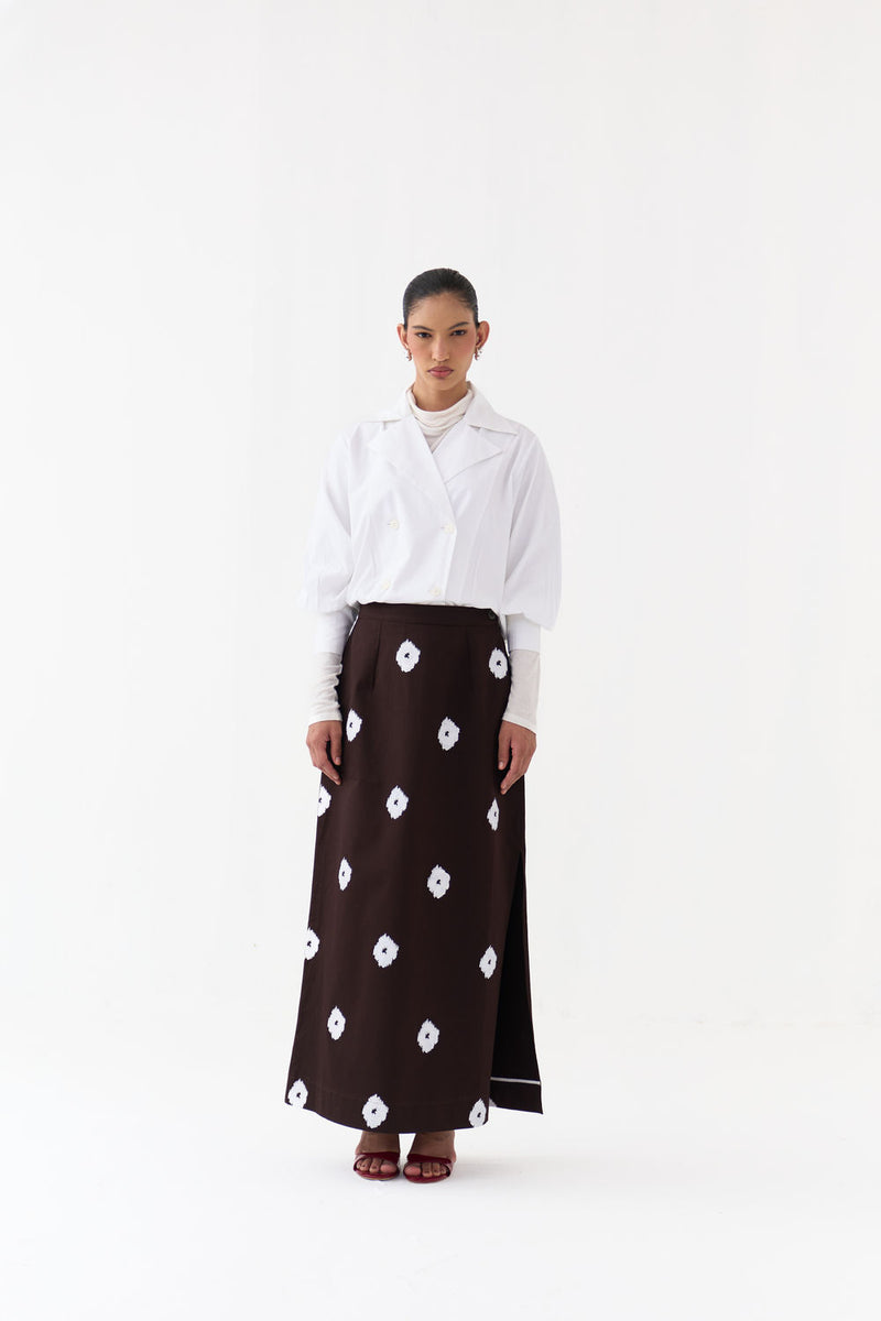 Hand Block Print Skirt-Dark Brown hard cotton twill skirt by THREE in brown for women Worldwide