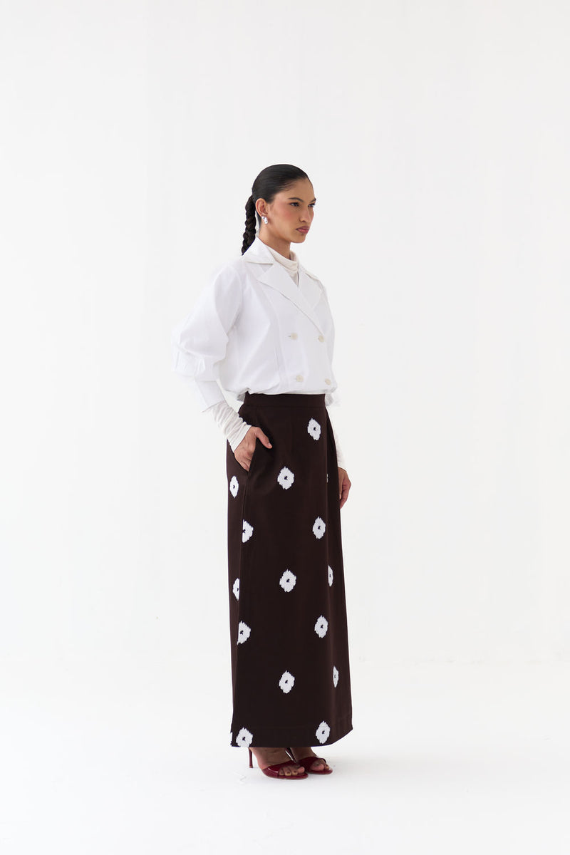 Hand Block Print Skirt Co-Ord (Set Of 2)-Dark Brown hard cotton twill co-ord set by THREE in brown, white for women Worldwide