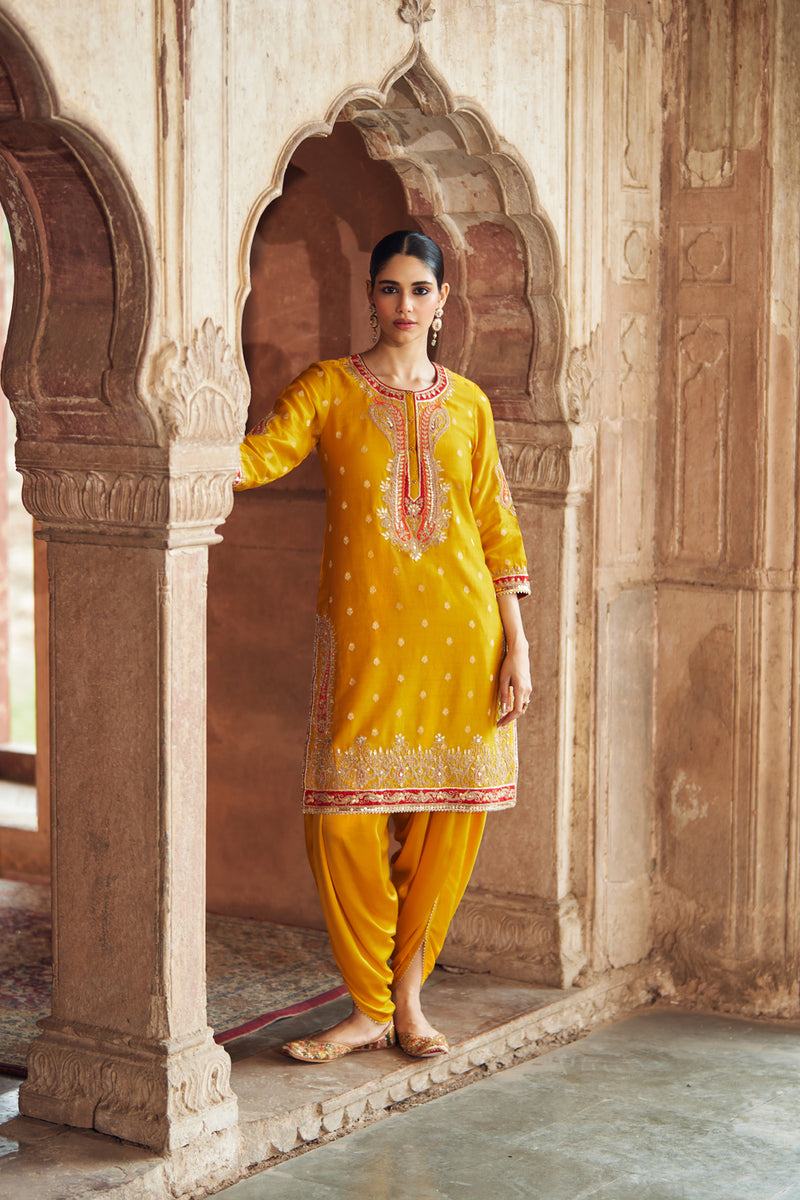 FAHMIDA - MUSTARD SHORT KURTA WITH SALWAR chanderi silk kurta/kurta set by SHEETAL BATRA in mustard for women Worldwide