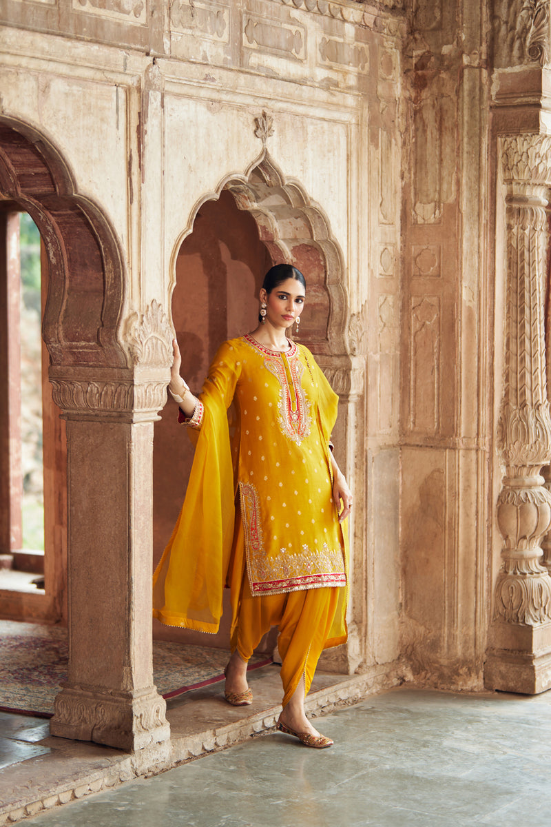 FAHMIDA - MUSTARD SHORT KURTA WITH SALWAR chanderi silk kurta/kurta set by SHEETAL BATRA in mustard for women Worldwide
