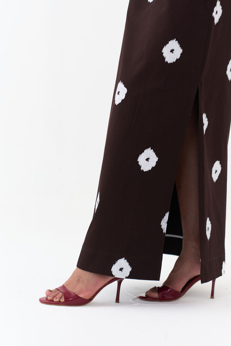 Hand Block Print Skirt Co-Ord (Set Of 2)-Dark Brown hard cotton twill co-ord set by THREE in brown, white for women Worldwide