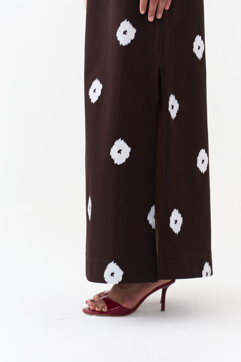 Hand Block Print Skirt-Dark Brown hard cotton twill skirt by THREE in brown for women Worldwide