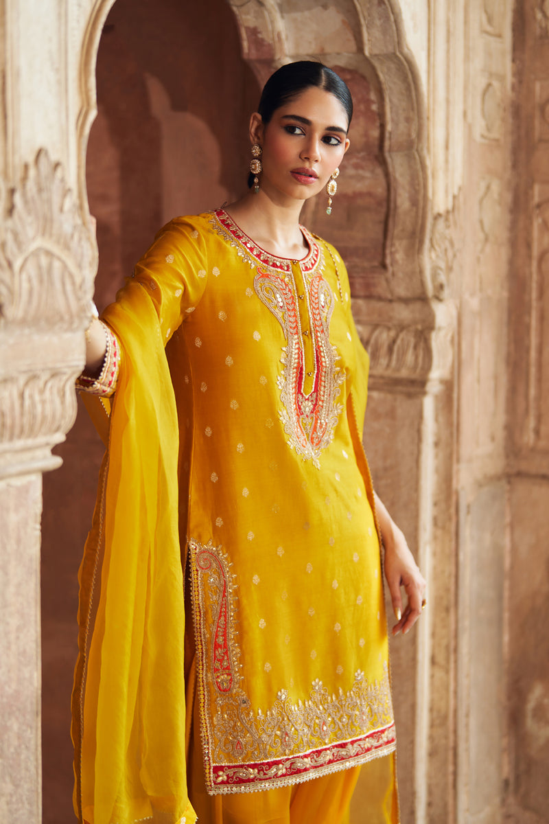 FAHMIDA - MUSTARD SHORT KURTA WITH SALWAR chanderi silk kurta/kurta set by SHEETAL BATRA in mustard for women Worldwide