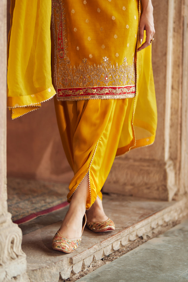 FAHMIDA - MUSTARD SHORT KURTA WITH SALWAR chanderi silk kurta/kurta set by SHEETAL BATRA in mustard for women Worldwide