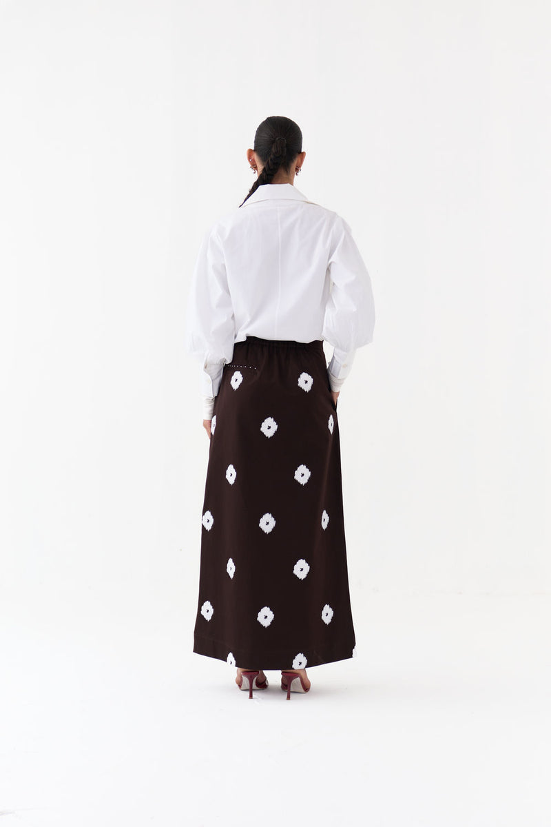 Hand Block Print Skirt Co-Ord (Set Of 2)-Dark Brown hard cotton twill co-ord set by THREE in brown, white for women Worldwide