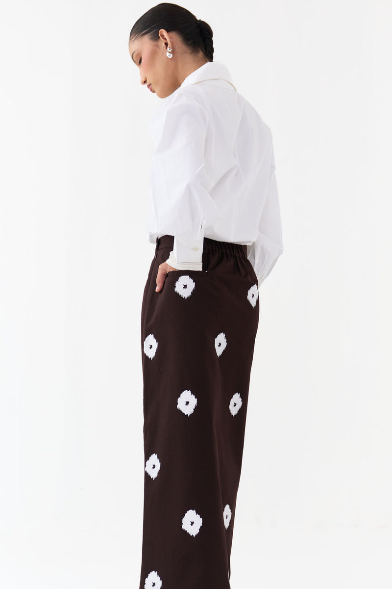 Hand Block Print Skirt-Dark Brown hard cotton twill skirt by THREE in brown for women Worldwide