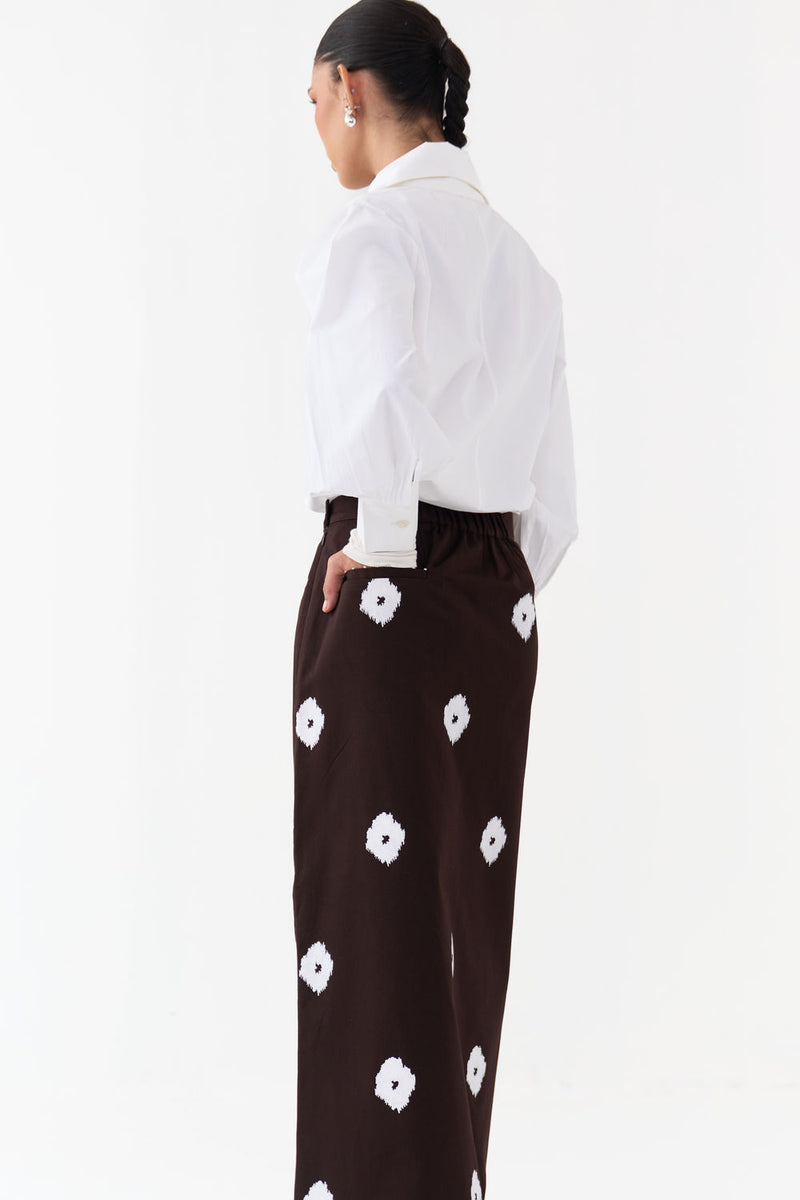 Hand Block Print Skirt Co-Ord (Set Of 2)-Dark Brown hard cotton twill co-ord set by THREE in brown, white for women Worldwide