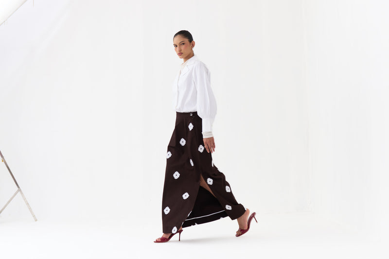 Hand Block Print Skirt Co-Ord (Set Of 2)-Dark Brown hard cotton twill co-ord set by THREE in brown, white for women Worldwide