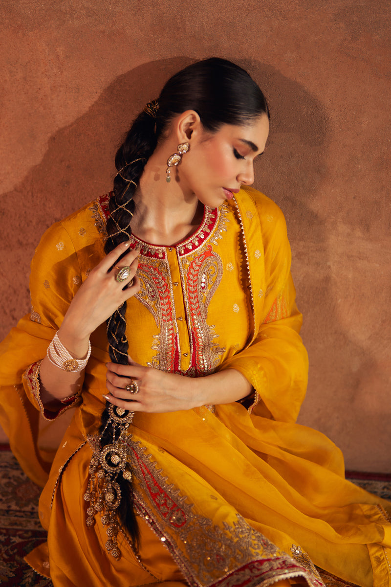FAHMIDA - MUSTARD SHORT KURTA WITH SALWAR chanderi silk kurta/kurta set by SHEETAL BATRA in mustard for women Worldwide