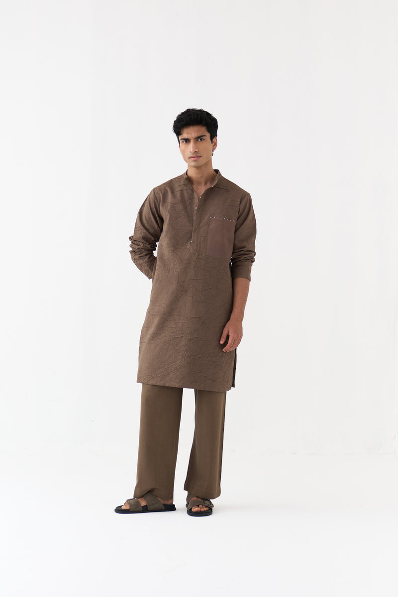 Crush Texture Kurta Co-Ord handwoven cotton mul co-ord set by THREE Men in brown for men Worldwide