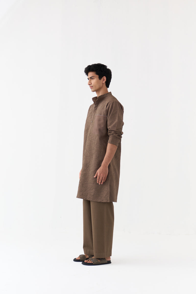 Crush Texture Kurta handwoven cotton mul kurta/kurta set by THREE Men in brown for men Worldwide