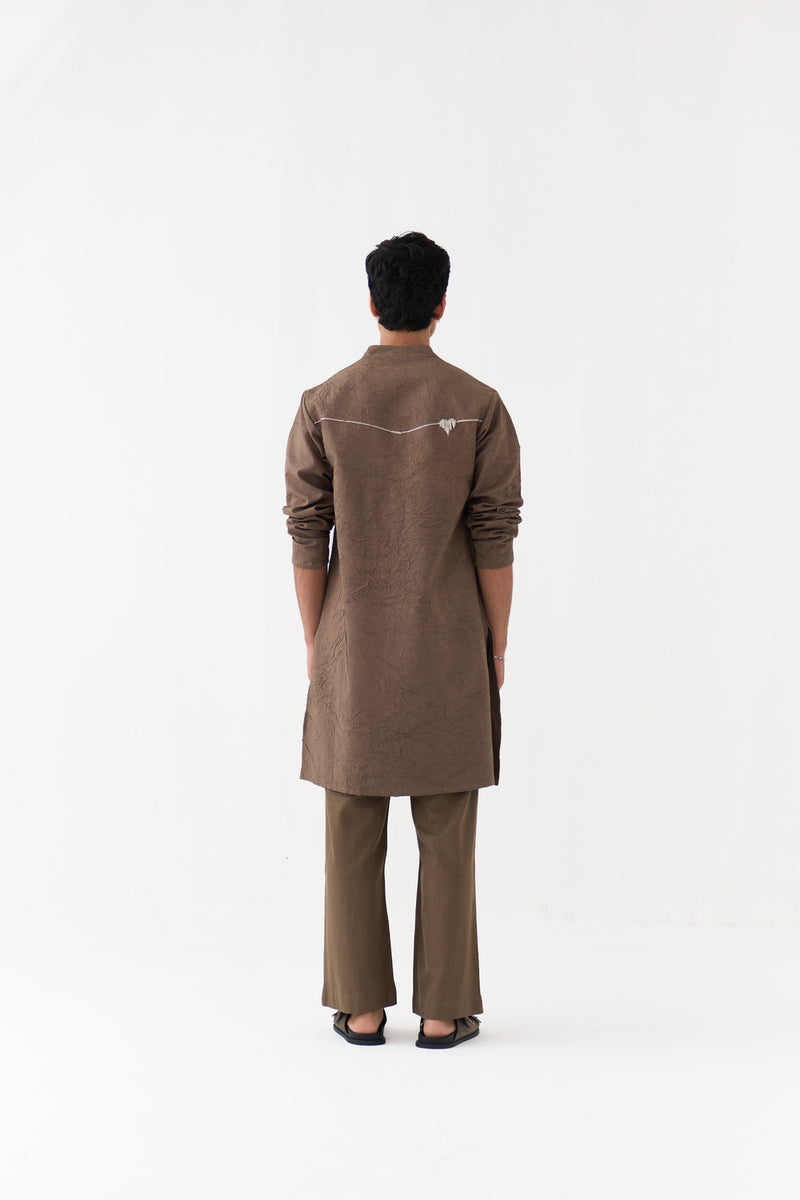 Crush Texture Kurta Co-Ord handwoven cotton mul co-ord set by THREE Men in brown for men Worldwide