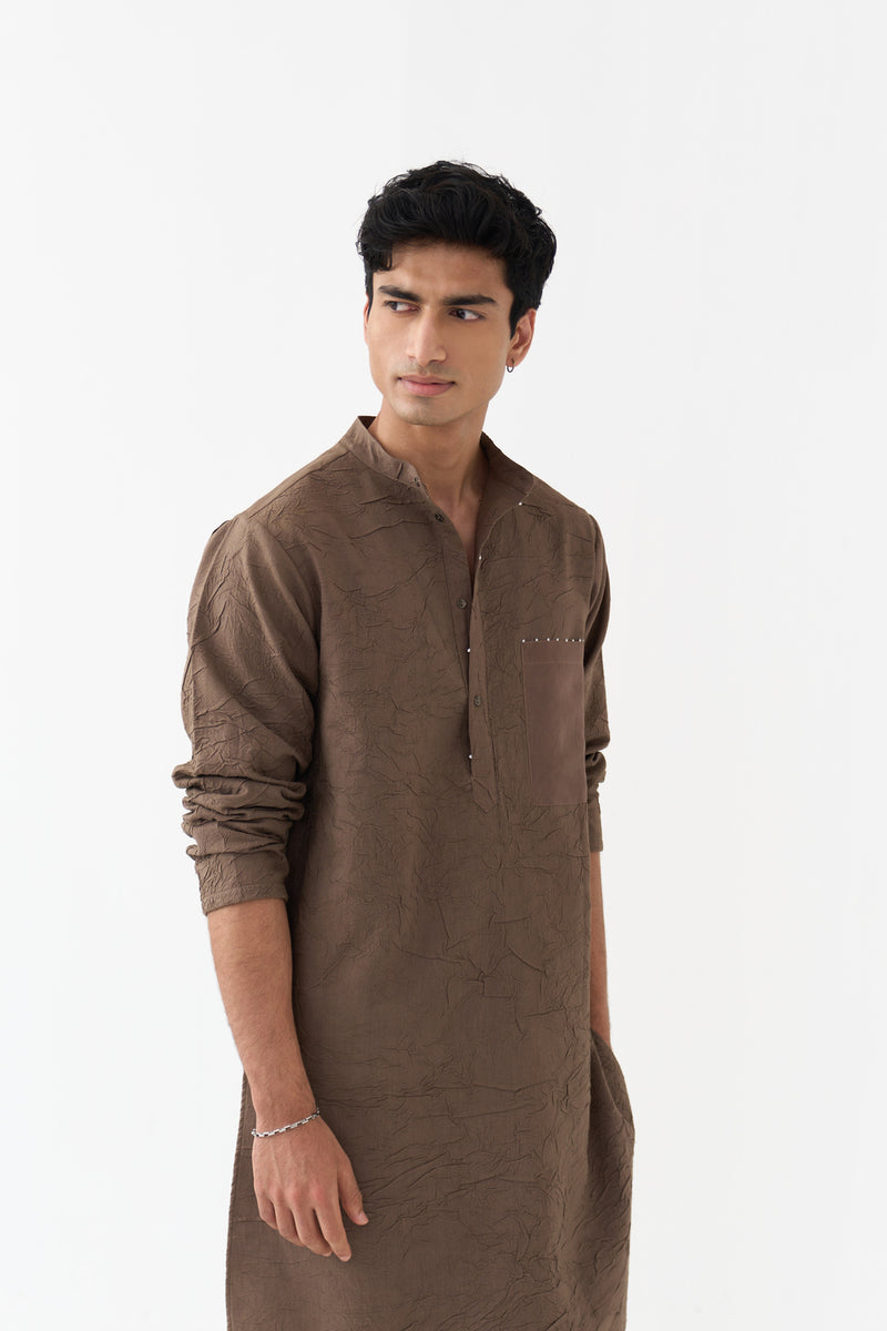 Crush Texture Kurta handwoven cotton mul kurta/kurta set by THREE Men in brown for men Worldwide