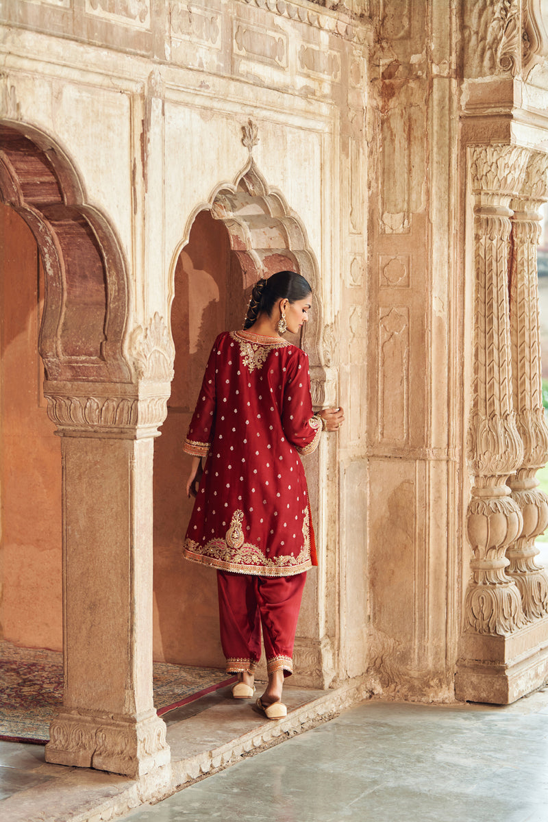 MEHWISH - DEEP RED SHORT KURTA WITH SALWAR AND DUPATTA chanderi silk kurta/kurta set by SHEETAL BATRA in red for women Worldwide
