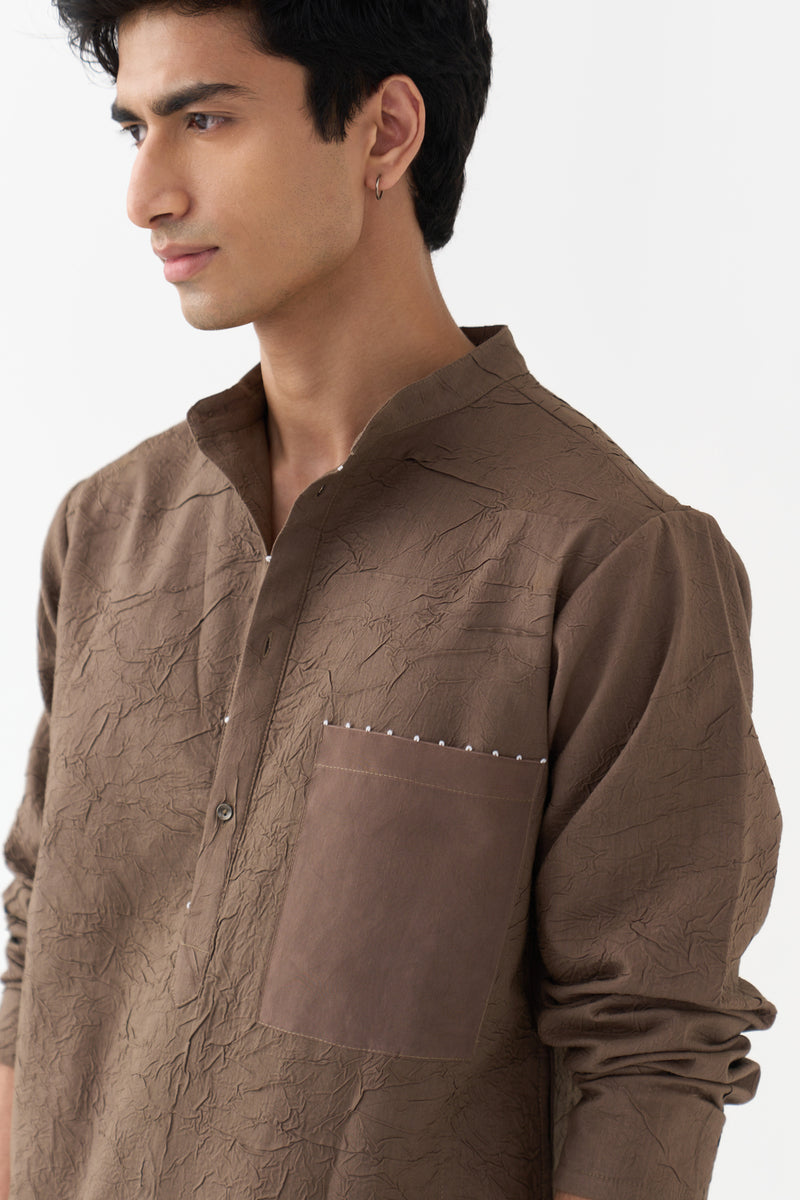 Crush Texture Kurta handwoven cotton mul kurta/kurta set by THREE Men in brown for men Worldwide