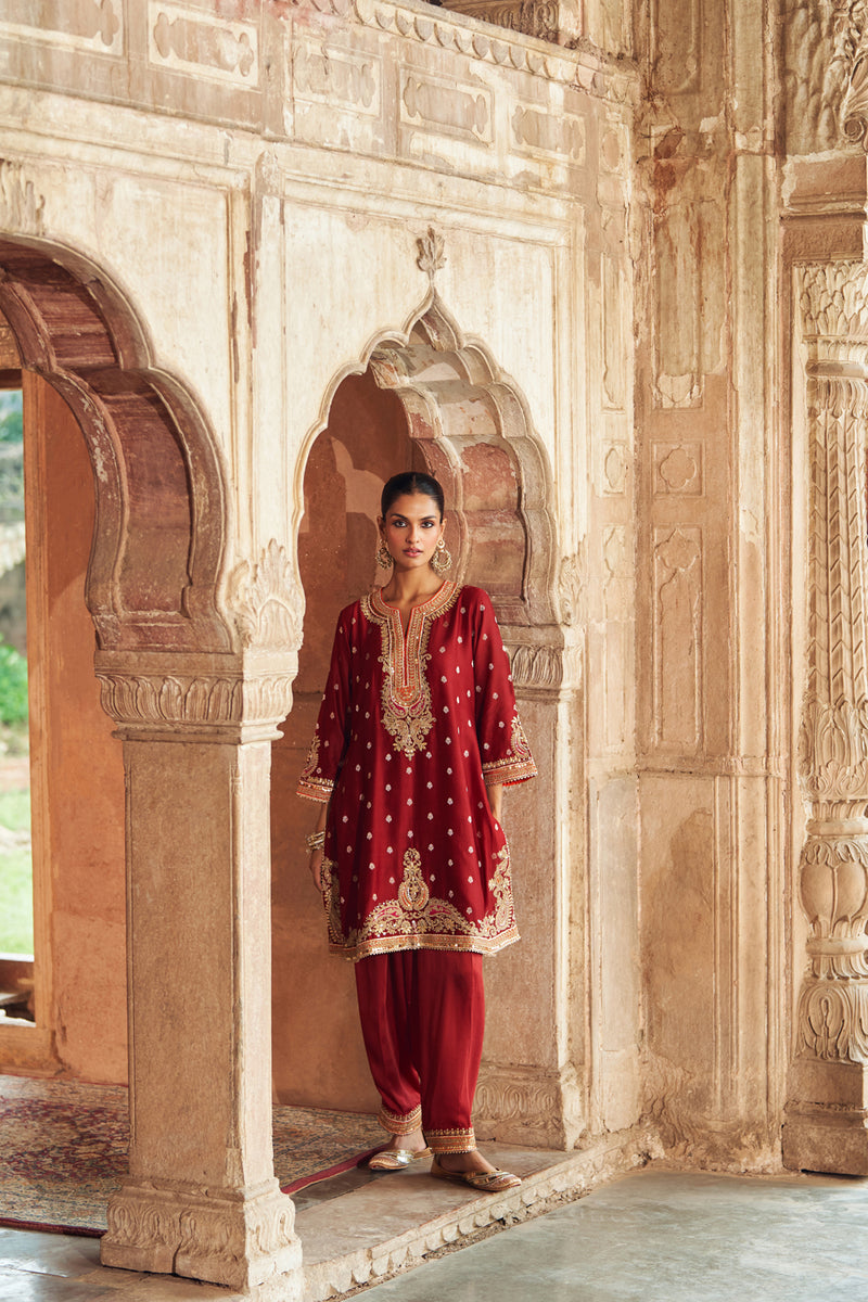 MEHWISH - DEEP RED SHORT KURTA WITH SALWAR AND DUPATTA chanderi silk kurta/kurta set by SHEETAL BATRA in red for women Worldwide