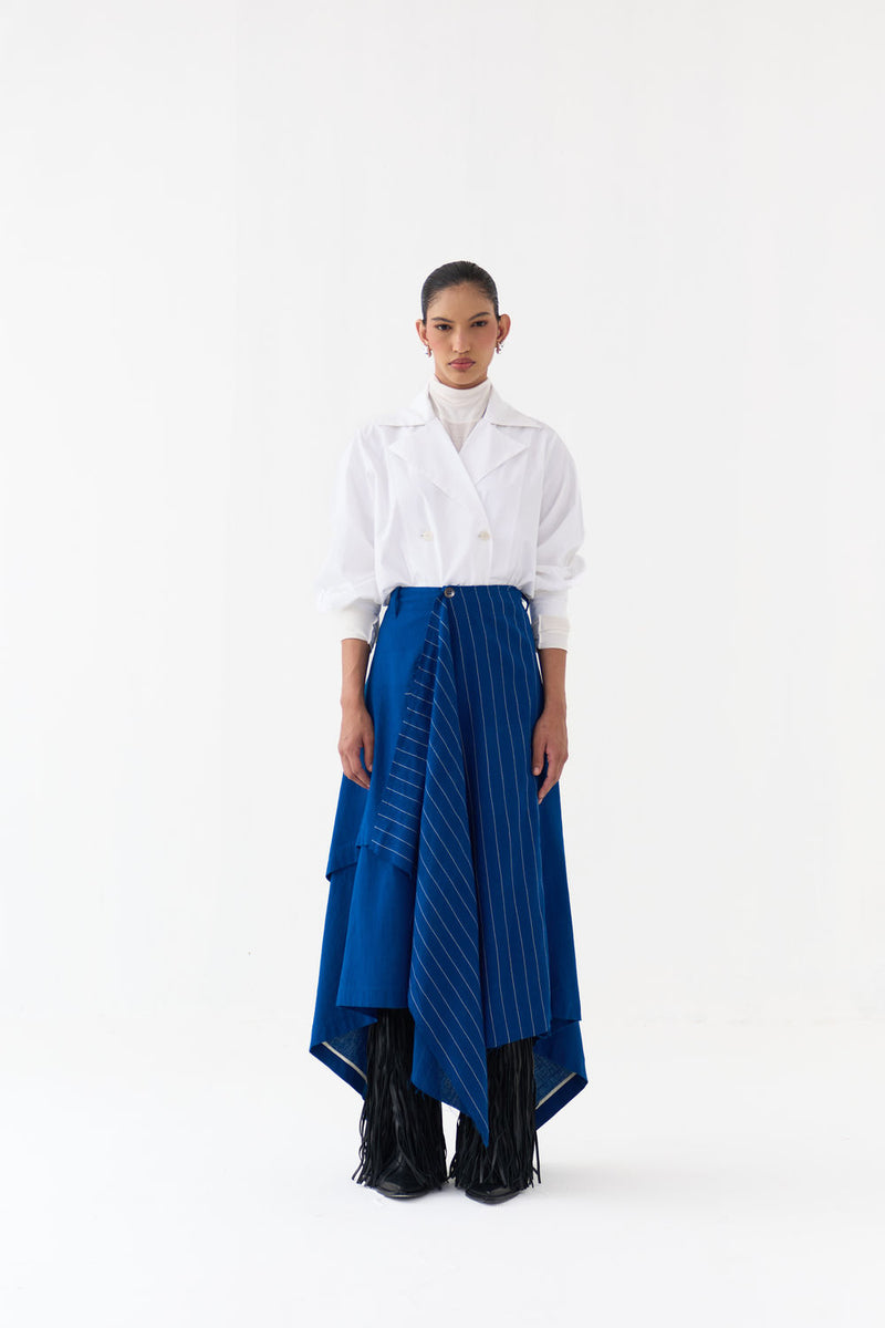 Handkerchief Skirt Co-Ord (Set Of 2)-Cobalt Blue handwoven cotton co-ord set by THREE in blue, white for women Worldwide