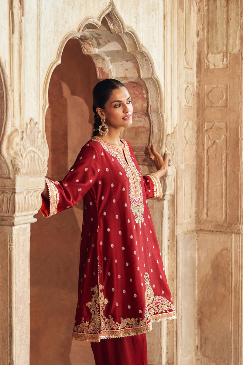 MEHWISH - DEEP RED SHORT KURTA WITH SALWAR AND DUPATTA chanderi silk kurta/kurta set by SHEETAL BATRA in red for women Worldwide