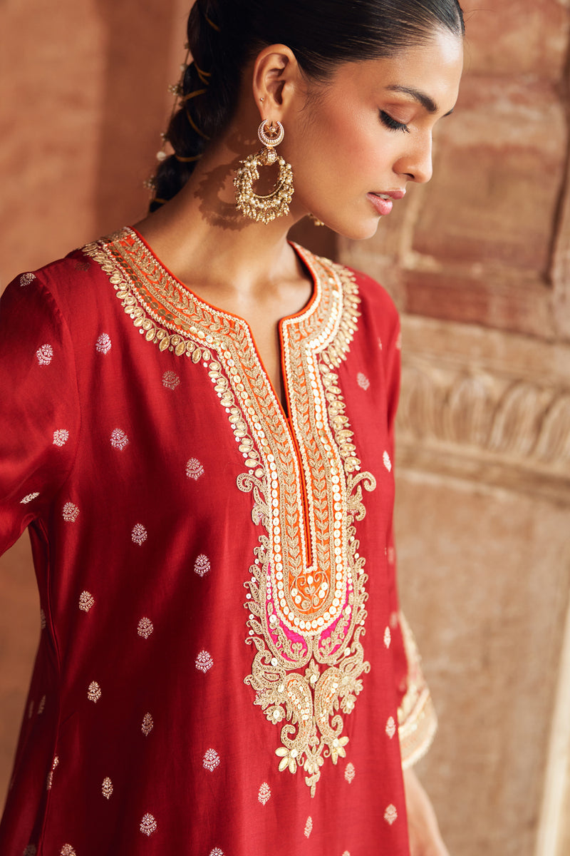 MEHWISH - DEEP RED SHORT KURTA WITH SALWAR AND DUPATTA chanderi silk kurta/kurta set by SHEETAL BATRA in red for women Worldwide