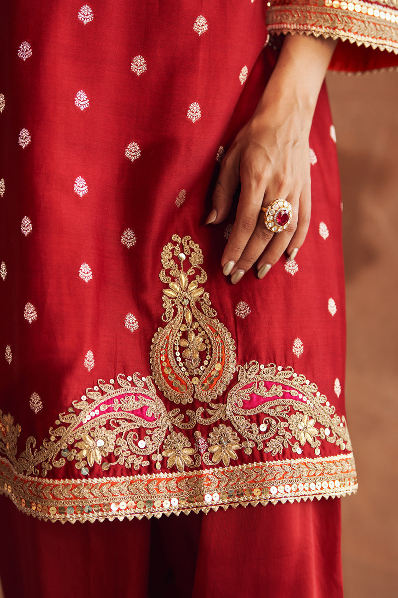 MEHWISH - DEEP RED SHORT KURTA WITH SALWAR AND DUPATTA chanderi silk kurta/kurta set by SHEETAL BATRA in red for women Worldwide