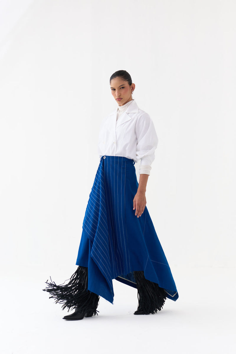 Handkerchief Skirt Co-Ord (Set Of 2)-Cobalt Blue handwoven cotton co-ord set by THREE in blue, white for women Worldwide
