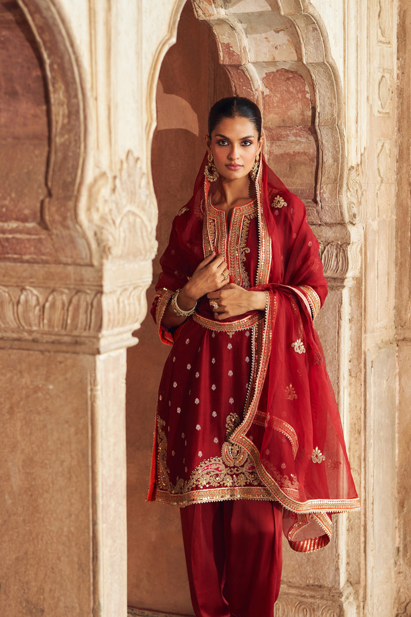 MEHWISH - DEEP RED SHORT KURTA WITH SALWAR AND DUPATTA chanderi silk kurta/kurta set by SHEETAL BATRA in red for women Worldwide