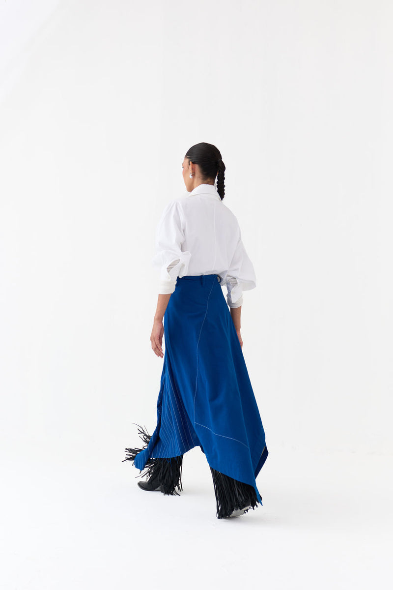 Handkerchief Skirt Co-Ord (Set Of 2)-Cobalt Blue handwoven cotton co-ord set by THREE in blue, white for women Worldwide