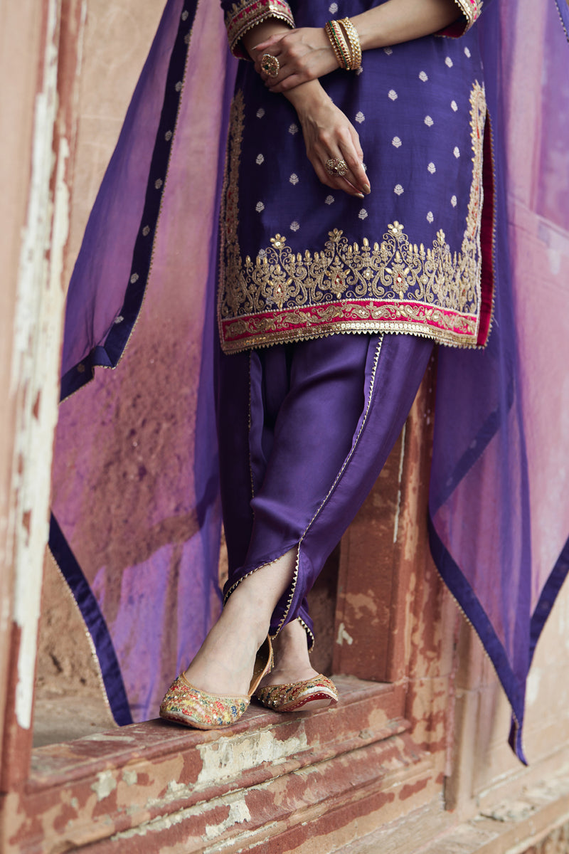 FAHMIDA - DEEP PURPLE SHORT KURTA WITH SALWAR chanderi silk kurta/kurta set by SHEETAL BATRA in purple for women Worldwide