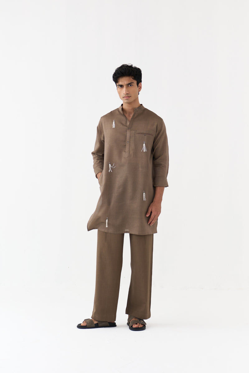 Button Emb. Kurta chanderi kurta/kurta set by THREE Men in brown for men Worldwide