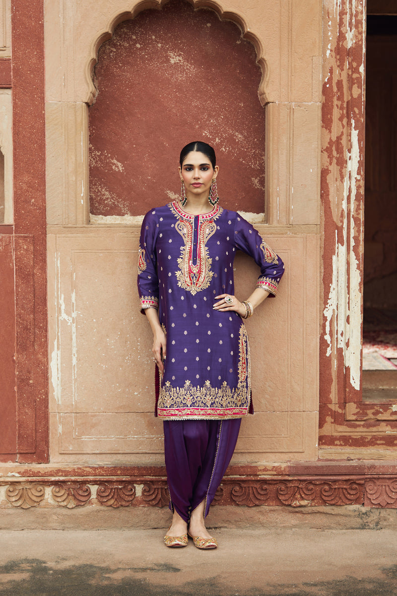 FAHMIDA - DEEP PURPLE SHORT KURTA WITH SALWAR chanderi silk kurta/kurta set by SHEETAL BATRA in purple for women Worldwide