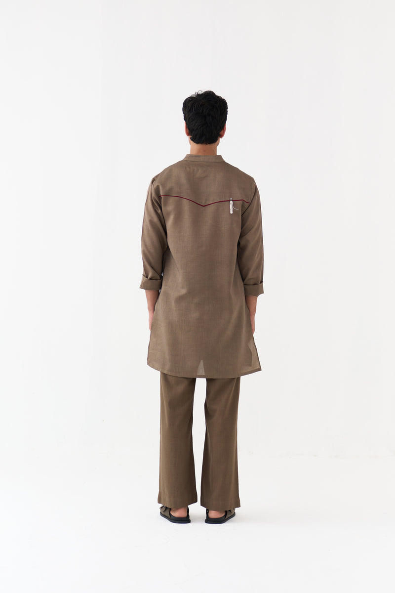 Button Emb. Kurta Co-Ord chanderi,handwoven cotton co-ord set by THREE Men in brown for men Worldwide