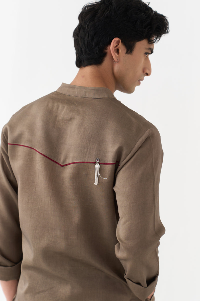 Button Emb. Kurta chanderi kurta/kurta set by THREE Men in brown for men Worldwide