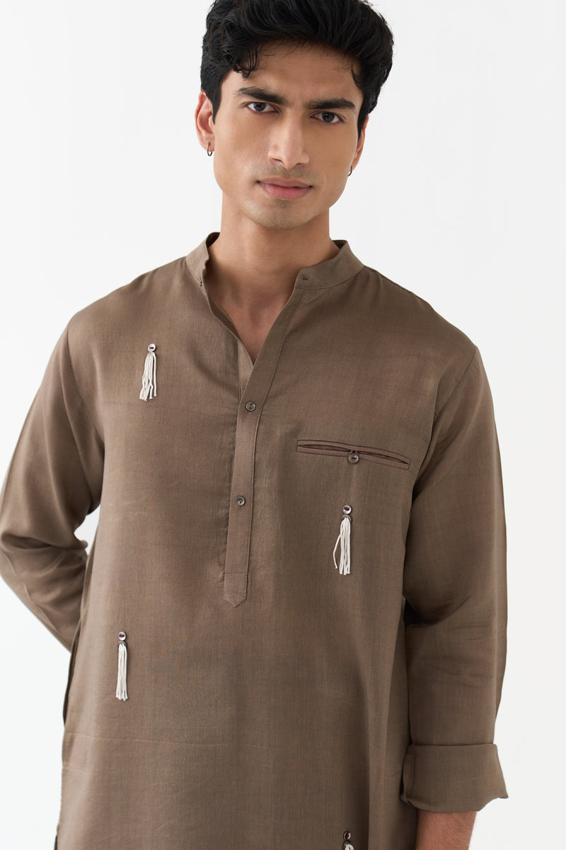Button Emb. Kurta chanderi kurta/kurta set by THREE Men in brown for men Worldwide