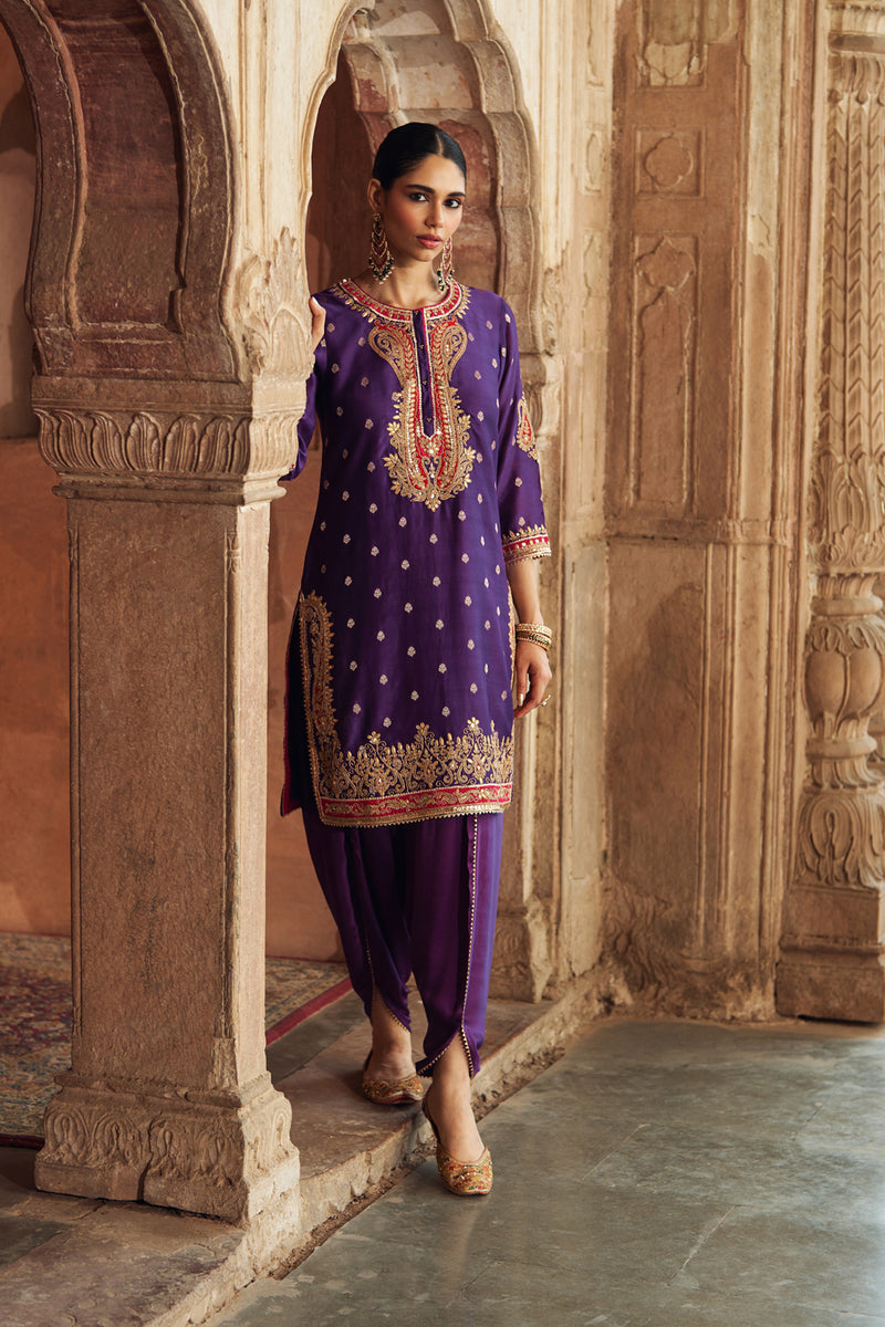 FAHMIDA - DEEP PURPLE SHORT KURTA WITH SALWAR chanderi silk kurta/kurta set by SHEETAL BATRA in purple for women Worldwide