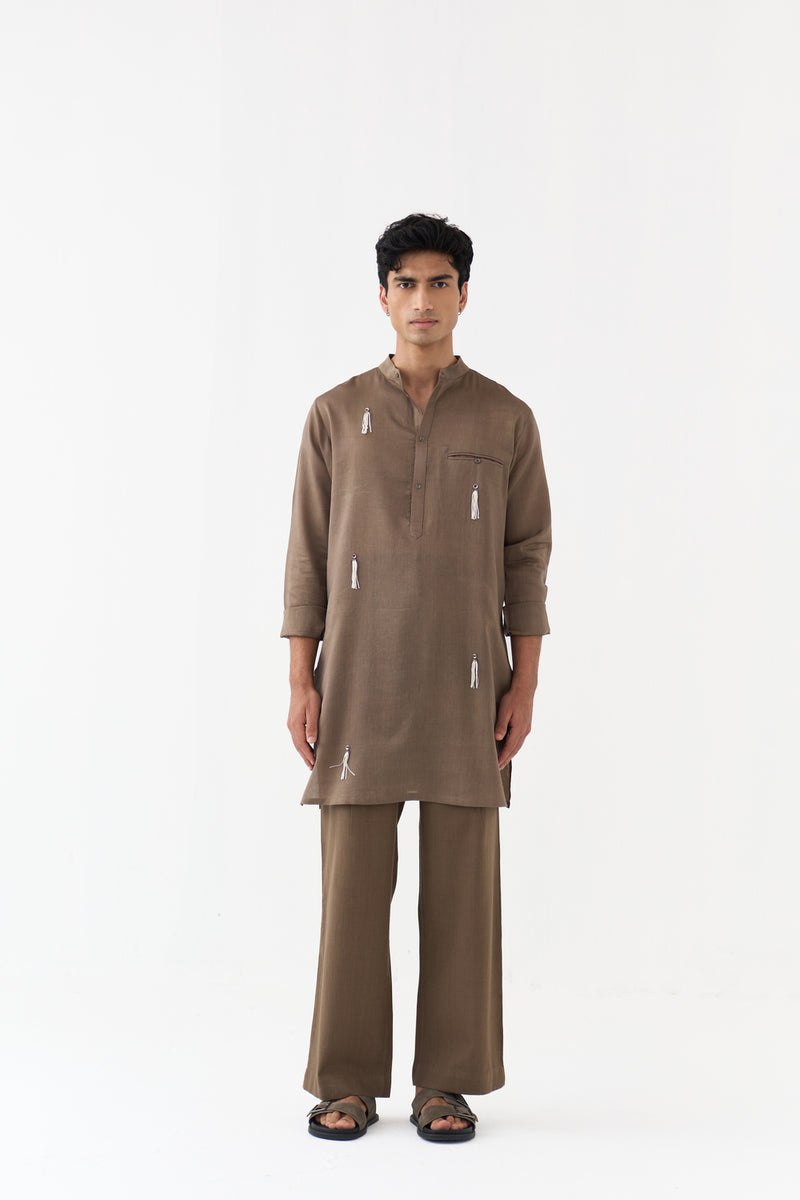 Button Emb. Kurta chanderi kurta/kurta set by THREE Men in brown for men Worldwide