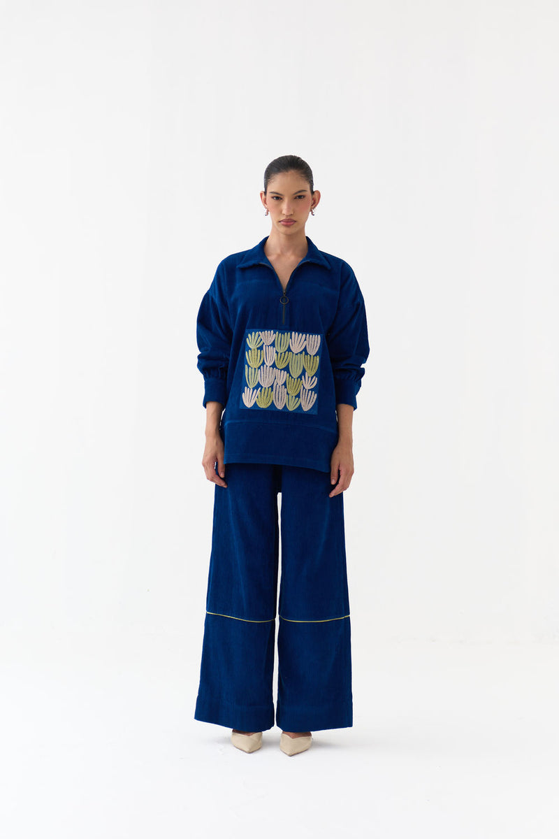Patch U-Hem Top Co-Ord (Set Of 2)-Cobalt Blue corduroy co-ord set by THREE in blue for women Worldwide