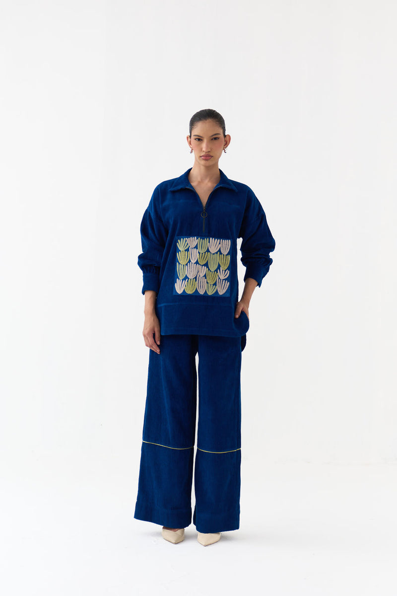Patch U-Hem Top-Cobalt Blue corduroy top/shirt by THREE in blue for women Worldwide