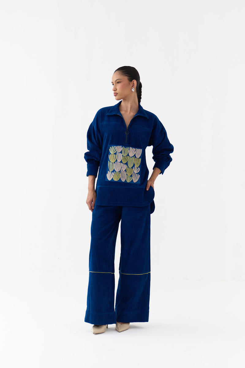 Patch U-Hem Top Co-Ord (Set Of 2)-Cobalt Blue corduroy co-ord set by THREE in blue for women Worldwide