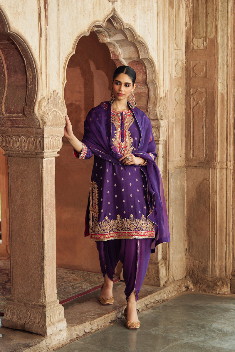FAHMIDA - DEEP PURPLE SHORT KURTA WITH SALWAR chanderi silk kurta/kurta set by SHEETAL BATRA in purple for women Worldwide