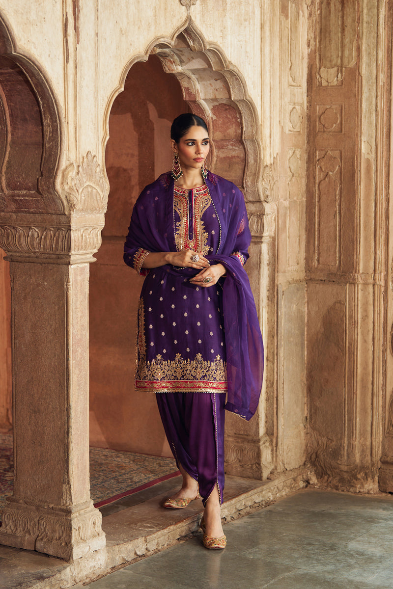 FAHMIDA - DEEP PURPLE SHORT KURTA WITH SALWAR chanderi silk kurta/kurta set by SHEETAL BATRA in purple for women Worldwide