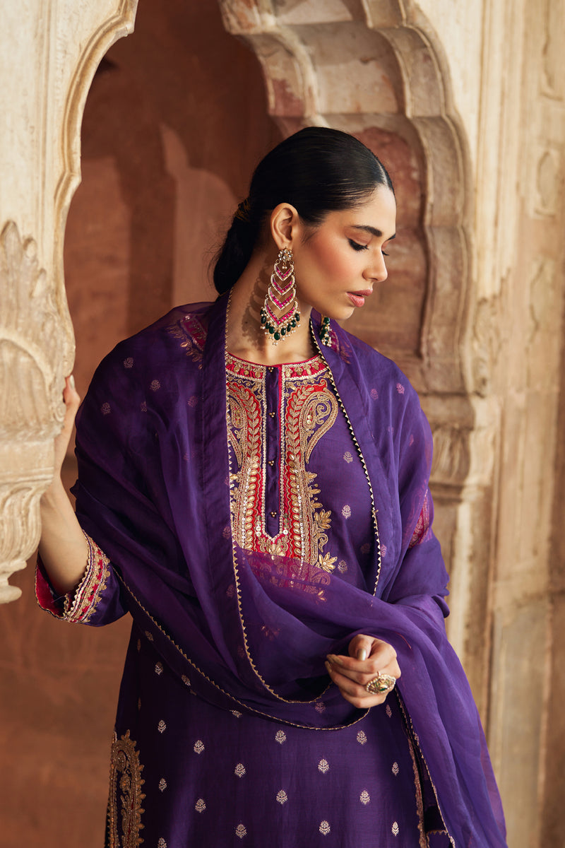 FAHMIDA - DEEP PURPLE SHORT KURTA WITH SALWAR chanderi silk kurta/kurta set by SHEETAL BATRA in purple for women Worldwide