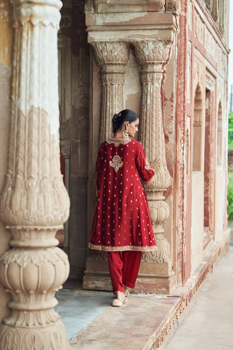 INAAYAT - DEEP RED CHAUGA WITH SALWAR chanderi silk kurta/kurta set by SHEETAL BATRA in red for women Worldwide